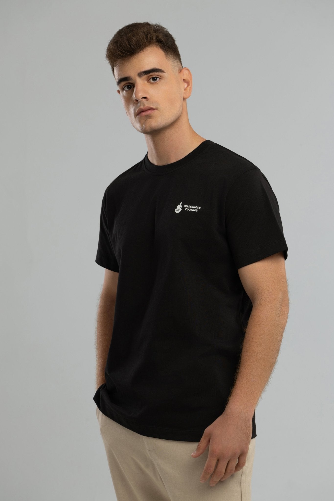 EU Mickey the Goat Inspired Black T-Shirt with Side Wilderness Cooking Logo - Home&Wild