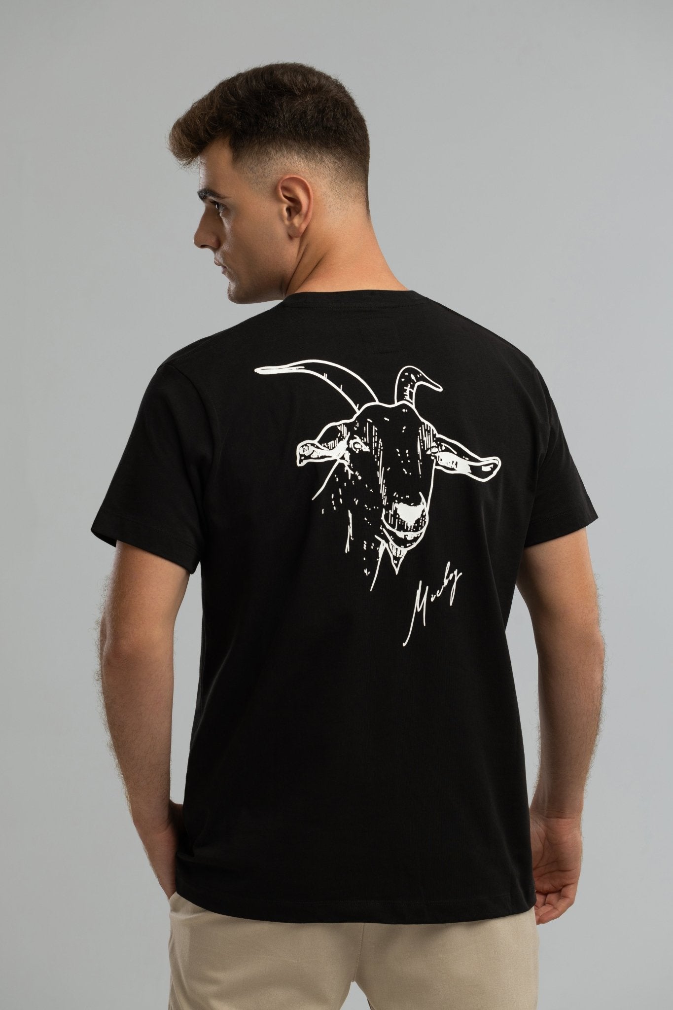 EU Mickey the Goat Inspired Black T-Shirt with Side Wilderness Cooking Logo - Home&Wild