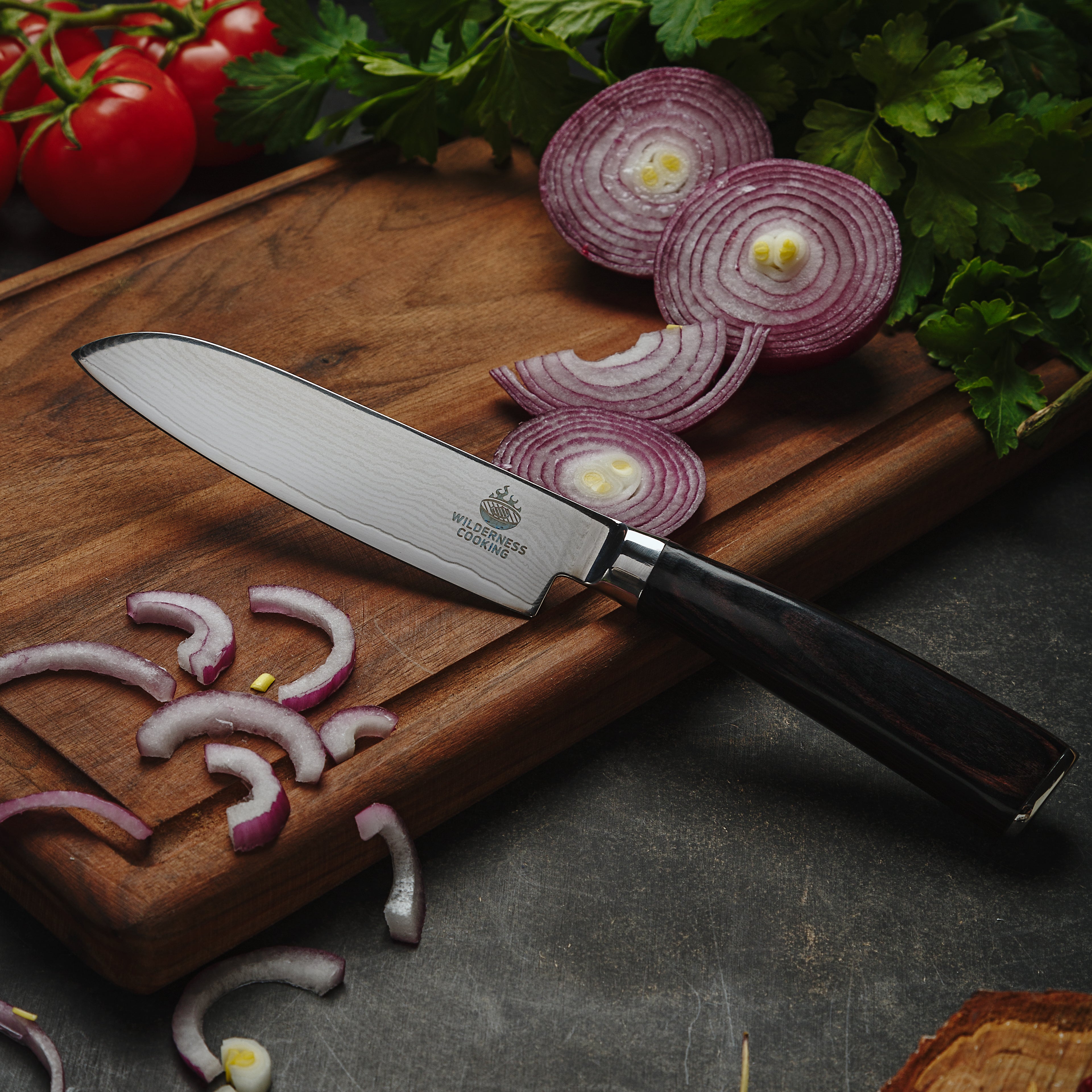 Damaskus Santoku Knife + Large Acacia Wood Bowl